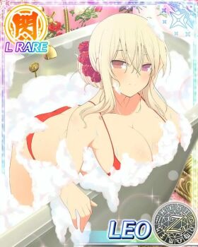 Rule 34 | 1girl, aquarius (symbol), aries (symbol), ass, bathing, bathroom, bathtub, bikini, blonde hair, breasts, butt crack, cancer (symbol), capricorn (symbol), card (medium), cleavage, collarbone, convenient censoring, dodecagram, faucet, floral print, gemini (symbol), hair between eyes, hair ornament, hair scrunchie, in bathtub, large breasts, lens flare, leo (senran kagura), leo (symbol), libra (symbol), long hair, official alternate hairstyle, official art, parted lips, pisces (symbol), purple eyes, red bikini, rose print, sagittarius (symbol), school emblem, scorpio (symbol), scrunchie, senran kagura, senran kagura new wave, sidelocks, soap, soap bubbles, soap censor, solo, sparkle, swimsuit, taurus (symbol), very long hair, virgo (symbol), wallpaper (object), wet, zodiac wheel