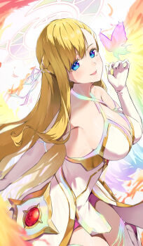 1girl absurdres armpits bare_shoulders blonde_hair blue_eyes braid breasts cleavage dress eyelashes gloves hair_ribbon highres huge_breasts kuronyan9630 long_hair mana_(monster_strike) monster_strike ribbon solo thighs white_dress