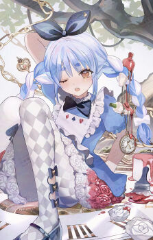 Rule 34 | 1girl, absurdres, alice's adventures in wonderland, alice (alice in wonderland), alice (alice in wonderland) (cosplay), apron, arm behind back, arm up, asa going, black bow, black bowtie, black ribbon, blue dress, blue hair, blue shoes, bow, bowtie, carrot, carrot hair ornament, chain, commentary request, cosplay, dress, food-themed hair ornament, hair ornament, hair ribbon, highres, hololive, key, knees apart feet together, looking at viewer, multicolored hair, one eye closed, open mouth, paintbrush, pantyhose, pocket watch, puffy short sleeves, puffy sleeves, ribbon, shoes, short eyebrows, short sleeves, sitting, solo, streaked hair, thick eyebrows, tree, twintails, usada pekora, virtual youtuber, watch, white apron, white hair, white pantyhose, yellow eyes