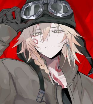 1boy alternate_costume black_gloves braid brown_jacket earrings gloves hand_on_headwear highres honkai:_star_rail honkai_(series) iota_1600 jacket jewelry looking_at_viewer mydei_(honkai:_star_rail) red_background single_braid single_earring solo yellow_eyes