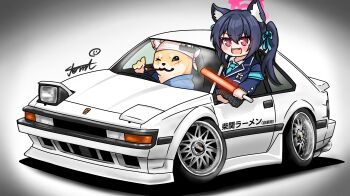 1girl :d animal_ear_fluff animal_ears black_hair blue_archive blue_necktie blue_ribbon car cat_ears chibi collared_shirt commentary_request driving furry furry_male glowstick gradient_background grey_background grey_skirt hair_between_eyes hair_ribbon halo headscarf highres holding master_shiba_(blue_archive) motor_vehicle mouth_hold necktie open_mouth plaid_clothes plaid_skirt pleated_skirt red_eyes ribbon serika_(blue_archive) shirt skirt smile smoking_pipe tomimon toyota toyota_celica twintails v-shaped_eyebrows white_shirt