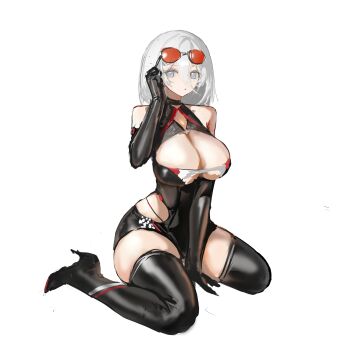 1girl :o adjusting_eyewear azur_lane bare_shoulders black_boots black_gloves blue_eyes boots breasts chinese_commentary cleavage commentary_request elbow_gloves eyewear_on_head full_body gloves hair_between_eyes high_heels highres huge_breasts legs long_hair looking_at_viewer lump_saury official_alternate_costume open_mouth simple_background sitting solo thigh_boots thighs tirpitz_(azur_lane) tirpitz_(pit_stop_standby)_(azur_lane) wariza white_background white_hair