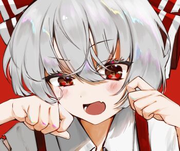 1girl blush bow clenched_hands collared_shirt commentary_request fang fujiwara_no_mokou hair_between_eyes hair_bow hands_on_own_cheeks hands_on_own_face lower_teeth_only mokou_cooking open_mouth red_background red_eyes shirt skin_fang solo teeth touhou upper_body white_hair white_shirt