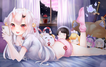 1girl absurdres ass bell blush breasts cellphone character_doll curtains doll double_bun fang hair_bell hair_between_eyes hair_bun hair_ornament highres hitodama holding holding_phone hololive horns indoors kaede_haya_(lo0831lo) katana long_hair looking_at_viewer lying minato_aqua multicolored_hair murasaki_shion nakiri_ayame on_bed on_stomach oni oozora_subaru open_mouth phone pink_shorts pink_socks poyoyo_(nakiri_ayame) red_eyes shirt short_shorts short_sleeves shorts silver_hair skin-covered_horns small_breasts smartphone smile socks solo sword virtual_youtuber weapon white_shirt window yuzuki_choco