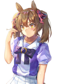 Rule 34 | 1girl, animal ears, blush, bow, bowtie, breasts, brown eyes, brown hair, closed mouth, collarbone, commentary request, hair between eyes, hair bow, highres, horse ears, horse girl, horse tail, medium hair, multiple hair bows, pink bow, pleated skirt, puffy short sleeves, puffy sleeves, purple bow, purple bowtie, purple shirt, sailor collar, sailor shirt, school uniform, shirt, short sleeves, simple background, skirt, small breasts, smart falcon (umamusume), solo, tail, tracen school uniform, twintails, umamusume, white background, white sailor collar, white skirt, yellow bow, yoru usagi