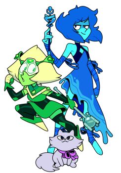 3girls alien alternate_costume amethyst_(steven_universe) blonde_hair blue_hair blue_skin colored_skin discount-supervillain face_shield forehead_jewel full_body gem green_skin highres lapis_lazuli_(species)_(steven_universe) lapis_lazuli_(steven_universe) magical_girl multiple_girls peridot_(steven_universe) short_hair simple_background smile steven_universe triangle-shaped_hair