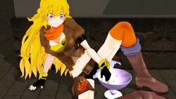 1girl 3d animated arm_support bike_shorts blonde_hair boots breasts cleavage closed_eyes fingerless_gloves food fruit gloves highres large_breasts long_hair looking_at_viewer midriff navel navel_insertion open_mouth purple_eyes rwby sitting smile solo tagme teeth video yang_xiao_long