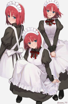1girl absurdres apron artist_name back_bow black_dress black_shoes blue_eyes bow commentary_request dress from_behind highres hisui_(tsukihime) knees_up long_sleeves looking_at_viewer maid maid_apron maid_headdress multiple_views neck_ribbon puffy_long_sleeves puffy_sleeves red_hair red_ribbon ribbon shoes short_hair simple_background sitting sooon tsukihime twitter_username watermark white_apron white_background