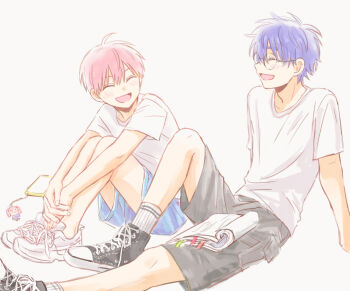 Rule 34 | 2boys, aged down, blue hair, blue shorts, blush, book, brothers, cellphone, closed eyes, glasses, li tianchen, liu xiao, male focus, multiple boys, ne mum2, open mouth, phone, pink hair, shiguang dailiren, shirt, shoelaces, shoes, short hair, shorts, siblings, simple background, sitting, smile, sneakers, socks, white background, white shirt