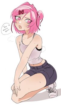 1girl :d absurdres anger_vein averting_eyes bare_shoulders black_shorts black_sports_bra blush bob_cut bra bra_peek breasts casual collarbone commentary cropped_shirt doki_doki_literature_club english_commentary english_text exspiravitbag fang full_body furrowed_brow hair_intakes hair_ornament hair_ribbon hand_on_ground hand_on_own_leg highres hot kneeling looking_to_the_side midriff natsuki_(doki_doki_literature_club) navel open_mouth pink_eyes pink_hair red_ribbon ribbon shadow shoes short_hair short_shorts shorts simple_background slit_pupils small_breasts smile sneakers solo speech_bubble spoken_anger_vein sports_bra steam steaming_body sweat swept_bangs tank_top two_side_up underwear very_sweaty white_background white_shoes white_tank_top x_hair_ornament
