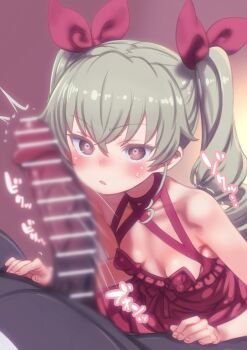 1boy 1girl anchovy_(girls_und_panzer) armpits blur_censor blush breasts censored covered_erect_nipples dress erection girls_und_panzer green_hair hetero highres imminent_fellatio kneeling open_mouth penis penis_awe puddinghomhom red_eyes small_breasts sweat