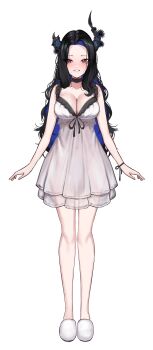 Rule 34 | 1girl, absurdres, asymmetrical horns, bare arms, black choker, black flower, black hair, black horns, black ribbon, blue hair, blush, breasts, choker, cleavage, colored inner hair, commentary, demon horns, design speculation, drunktatsu, flower, full body, grin, highres, hololive, hololive english, horn flower, horns, large breasts, long hair, looking at viewer, mole, mole under eye, multicolored hair, navel, nerissa ravencroft, nightgown, red eyes, ribbon, see-through clothes, simple background, slippers, smile, solo, standing, straight-on, tachi-e, two-tone hair, uneven horns, untranslatable commentary, very long hair, virtual youtuber, wavy hair, white background, white nightgown, white slippers, wrist ribbon