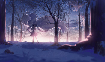 1girl absurdres artist_name bare_tree blue_bow blue_dress blue_hair blue_mittens boots bow cape capelet closed_eyes closed_mouth cloud commentary_request dated dawn dress forest fur-trimmed_boots fur-trimmed_cape fur_trim hands_up hat hatsune_miku highres hoop_skirt legs_apart long_hair long_sleeves mittens nature outdoors sky snow solo standing star_(sky) starry_sky teardrops_(user_vgvd7733) tree twintails very_long_hair vocaloid white_boots white_cape white_capelet white_hat wide_shot yuki_miku yuki_miku_(2021)