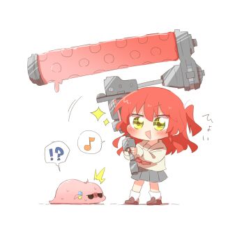 !? 1girl :d blush bocchi_the_rock! brown_shirt brown_shoes chibi chibi_only commentary_request cube_hair_ornament full_body gotoh_hitori gotoh_hitori_(tsuchinoko) grey_skirt hair_ornament holding kita_ikuyo long_hair long_sleeves musical_note nintendo object_request one_side_up open_mouth pleated_skirt rebecca_(keinelove) red_hair school_uniform shirt shoes shuka_high_school_uniform simple_background skirt smile socks sparkle splatoon_(series) spoken_interrobang spoken_musical_note standing white_background white_socks yellow_eyes