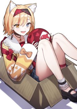 1girl :d absurdres animal_ear_fluff animal_ears animal_print ball black_bow black_choker black_hairband black_shoes black_survival blue_eyes blue_nails blue_skirt bow box choker commentary_request ear_piercing earrings eternal_return:_black_survival extra_ears fang fingernails fish_print foot_out_of_frame hair_between_eyes hairband heart heart_print heterochromia highres holding holding_ball in_box in_container irem_(black_survival) jewelry korean_commentary medium_hair multicolored_hairband multicolored_nails multicolored_shirt nail_polish open_mouth piercing poisoncrown01 red_hairband shirt shoes simple_background sitting skirt smile thigh_strap two-tone_hairband two-tone_nails two-tone_shirt white_background white_shirt yellow_eyes yellow_nails yellow_shirt