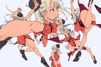 Rule 34 | 1girl, ass, breasts, china dress, chinese clothes, dress, hair bun, highres, kicking, large breasts, long hair, multiple views, shoes, simple background, single hair bun, twintails, you (nanban319)