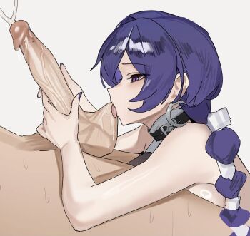 1boy 1girl bare_shoulders commentary crescent crescent_earrings cum earrings ejaculation erection from_side grabbing_another's_penis grey_background hair_over_one_eye hetero highres jewelry long_hair longfatbird oral penis promeia_(zenless_zone_zero) purple_eyes purple_nails sweat testicle_sucking testicles tongue tongue_out uncensored untranslatable_commentary very_long_hair zenless_zone_zero