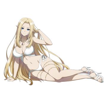1girl adjusting_hair alpha_(kagejitsu) arm_support bikini blonde_hair blue_eyes bracelet breasts cleavage closed_mouth collarbone dolphin_wave elf full_body game_asset groin high_heels highres jewelry kage_no_jitsuryokusha_ni_naritakute! large_breasts long_hair looking_at_viewer navel necklace non-web_source official_art pointy_ears self-datamine shoes side-tie_bikini_bottom sitting skindentation smile solo swimsuit transparent_background very_long_hair white_bikini white_shoes