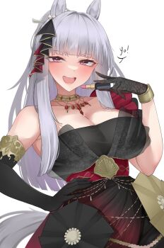 1girl absurdres animal_ears asymmetrical_gloves black_dress black_gloves breasts commentary commentary_request cosmetics dress ear_ornament elbow_gloves english_commentary gloves gold_ship_(la_mode_564)_(umamusume) gold_ship_(umamusume) grey_hair hand_on_own_hip highres holding holding_lipstick_tube horse_ears horse_girl horse_tail jewelry large_breasts lipstick lipstick_tube long_hair looking_at_viewer makeup necklace official_alternate_costume open_mouth purple_eyes simple_background solo tail teeth umamusume upper_teeth_only white_background xkittyzx