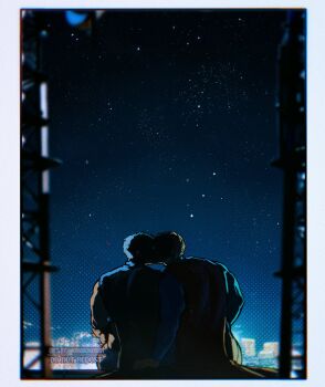 2boys back bara batman batman_(series) bodysuit bruce_wayne cape clark_kent dc_comics highres kiss male_focus multiple_boys muscular muscular_male night outdoors short_hair sitting sky superman superman_(series) twitter_username umikochannart yaoi