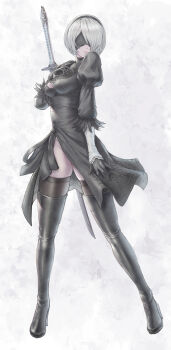 1girl 2b_(nier:automata) black_boots black_dress black_gloves black_hairband black_thighhighs blindfold boots breasts cleavage commentary dress facing_viewer feather-trimmed_sleeves full_body gloves grey_hair hairband hand_on_own_chest high_heel_boots high_heels highres juliet_sleeves leotard leotard_under_clothes lipgloss long_sleeves medium_breasts nier:automata nier_(series) parted_lips puffy_sleeves short_hair side_slit skindentation solo standing sword sword_on_back thigh_boots thighhighs thighhighs_under_boots tomozoo83 turtleneck turtleneck_dress weapon weapon_on_back white_leotard