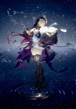 1girl absurdres asymmetrical_gloves black_boots black_gloves black_hair black_thighhighs boots closed_eyes dress full_body gloves hair_ornament highres holding holding_instrument holding_violin honkai:_star_rail honkai_(series) hysilens_(honkai:_star_rail) instrument jewelry long_sleeves mismatched_gloves open_mouth red_gloves sky solo standing standing_on_liquid star_(sky) starry_sky stella_(105_yoru) thighhighs violin water white_dress