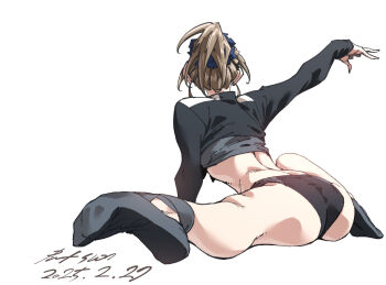 1girl arm_up ass ballet_slippers black_panties brown_hair crop_top facing_away flexible full_body highres nabipenciller original panties ponytail shrug_(clothing) solo stretching underwear