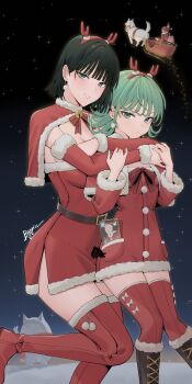 2girls absurdres animal_costume bell blunt_bangs boots breasts brown_boots bygin commentary deer_costume dress english_commentary fake_horns fubuki_(one-punch_man) green_eyes green_hair hairband hat highres horn_hairband horns hug hug_from_behind knee_boots looking_at_viewer medium_hair multiple_girls neck_bell neck_ribbon one-punch_man red_boots red_dress red_ribbon red_thighhighs reindeer revision ribbon saitama_(one-punch_man) santa_claus santa_costume santa_hat short_hair siblings sisters sleigh small_breasts standing tatsumaki thigh_boots thighhighs variant_set