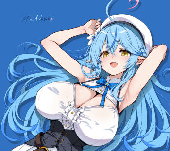 1girl ahoge alternate_breast_size_(larger) arm_behind_head armpits arms_up bare_shoulders beret black_corset blue_background blue_bow blue_bowtie blue_hair blue_nails blush bow bowtie breasts buttons cleavage cleavage_cutout clothing_cutout collared_shirt commentary_request corset crossed_bangs double-parted_bangs dutch_angle elf flower frilled_shirt frills gradient_hair hair_between_eyes hair_flower hair_ornament half_updo hat heart heart_ahoge highres hirowa_nagi hololive huge_breasts long_hair looking_at_viewer lying multicolored_hair on_back open_mouth pink_hair pointy_ears shirt simple_background sleeveless sleeveless_shirt smile solo streaked_hair sweat teeth upper_body upper_teeth_only very_long_hair virtual_youtuber white_hat white_shirt yellow_eyes yukihana_lamy yukihana_lamy_(1st_costume)