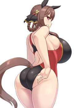 1girl adjusting_clothes adjusting_swimsuit animal_ears ass back bare_arms black_one-piece_swimsuit braid breasts brown_hair brown_tail closed_mouth commentary_request competition_swimsuit cowboy_shot gentildonna_(umamusume) hair_ornament horse_ears horse_girl horse_tail huge_breasts kawanuma_uotsuri looking_at_viewer multicolored_one-piece_swimsuit one-piece_swimsuit red_eyes red_one-piece_swimsuit revision sideboob sidelocks sideways_glance simple_background smile solo standing swimsuit tail umamusume white_background