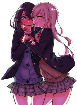 2girls absurdres adachi_sakura adachi_to_shimamura black_hair blazer blue_cardigan blue_eyes blue_hair blush bow brown_hair brown_sweater cardigan collared_shirt eye_contact food hair_between_eyes hair_ornament hairclip highres jacket long_hair looking_at_another multiple_girls open_mouth pandakorya pocky pocky_day pocky_kiss purple_eyes red_bow school_uniform shared_food shimamura_hougetsu shirt skirt smile sweater white_shirt yuri