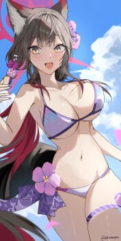 1girl :d absurdres animal_ear_fluff animal_ears bare_shoulders bikini black_hair blue_archive blue_sky blunt_bangs blurry blush bouncing_breasts breasts cleavage cloud collarbone colored_inner_hair commentary cowboy_shot cumulonimbus_cloud day depth_of_field eyeshadow film_grain fox_ears fox_girl halo halterneck hand_up happy highres large_breasts long_hair looking_at_viewer makeup multicolored_hair nail_polish official_alternate_costume open_mouth outdoors pink_eyeshadow purple_nails red_hair red_halo sidelighting sky smile solo stomach swimsuit thighs tsurime twitter_username two-tone_hair udonpan underboob very_long_hair wakamo_(blue_archive) wakamo_(swimsuit)_(blue_archive) white_bikini yellow_eyes