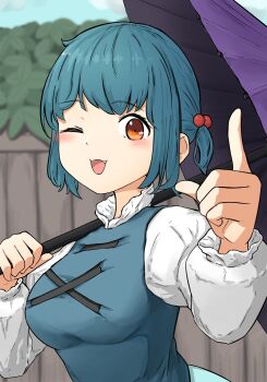 1girl alternate_eye_color alternate_hairstyle blue_hair blue_vest blurry blurry_background blush breasts day fang hair_bobbles hair_ornament highres holding holding_umbrella index_finger_raised juliet_sleeves long_sleeves looking_at_viewer medium_breasts one_eye_closed open_mouth orange_eyes outdoors puffy_sleeves purple_umbrella sayoshima shirt short_hair smile solo tatara_kogasa touhou umbrella upper_body vest white_shirt wooden_wall