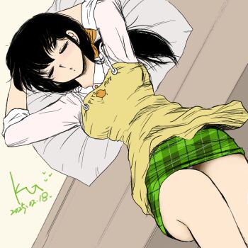 Rule 34 | arms behind head, black hair, bow, closed eyes, collared shirt, green skirt, hair bow, jian yin, long legs, lying, maison ikkoku, on back, on bed, otonashi kyouko, pillow, piyo piyo apron, plaid clothes, plaid skirt, ponytail, shirt, skirt, sleeves rolled up