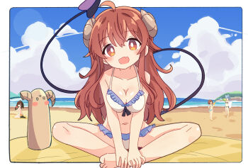 4girls ahoge beach bikini black201_wav blue_hair blush border breasts bright_pupils brown_eyes brown_hair cleavage cloud cumulonimbus_cloud curled_horns day demon_girl demon_tail fang highres horns long_hair looking_at_viewer multiple_girls navel open_mouth original outdoors outside_border sand sitting skin_fang sky swimsuit tail water_gun white_border white_pupils