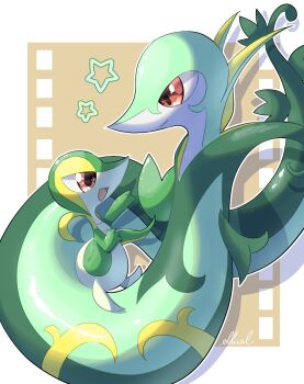Rule 34 | animal focus, artist name, brown eyes, commentary request, gen 5 pokemon, highres, nintendo, no humans, open mouth, pokemon, pokemon (creature), pokemon focus, serperior, shual3734, smile, snake, snivy, star (symbol)