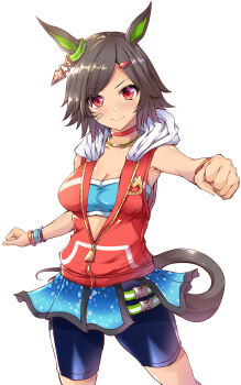 Rule 34 | 1girl, absurdres, animal ears, armband, armpits, bandaid, bandaid on face, black hair, black tail, blue bra, blue shorts, blue skirt, bra, breasts, choker, cleavage, closed mouth, collarbone, dot nose, ear ornament, female focus, highres, hood, hooded jacket, hoodie, horse ears, horse girl, horse tail, jacket, looking at viewer, medium breasts, medium hair, miniskirt, nonnon (yudenonno), red choker, red eyes, red jacket, sexually suggestive, shorts, simple background, skirt, sleeveless, sleeveless jacket, smile, solo, solo focus, sports bra, tail, umamusume, underwear, unzipped, white background, white hoodie, winning ticket (get to winning!) (umamusume), winning ticket (umamusume), zipper pull tab