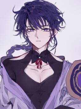 1boy armor braid chinese_commentary closed_mouth clothing_cutout collarbone expressionless genderswap genderswap_(ftm) genshin_impact hair_between_eyes highres japanese_armor japanese_clothes kimono long_braid long_hair looking_at_viewer messy_hair mole mole_under_eye multicolored_hair muscular muscular_male neck_ribbon off_shoulder pectoral_cleavage pectorals purple_background purple_eyes purple_hair purple_kimono raiden_shogun red_ribbon ribbon shade shoulder_armor shoulder_cutout simple_background single_braid solo streaked_hair upper_body ye30110547