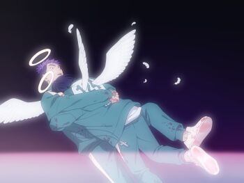 Rule 34 | 2boys, angel, black hair, blood, blood on clothes, blood on hands, bloom, buzz cut, clothes lift, falling, falling petals, feathered wings, full body, green track suit, halo, hashtag-only commentary, highres, male focus, mini wings, multiple boys, nam-gyu, petals, print shirt, purple hair, shirt, shirt lift, short hair, squid game, surprised, thanos (squid game), track suit, uxjaw9kk7171352, very short hair, white wings, wings