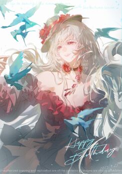 1girl absurdres bare_shoulders bird black_bird black_choker black_hat breasts chinese_commentary choker cleavage collarbone commentary_request coquelic_(path_to_nowhere) dated dress english_text eyelashes flower flower_choker frilled_dress frills hair_between_eyes happy_birthday hat hat_flower hat_ribbon highres light_particles long_hair long_sleeves looking_to_the_side luori_dianxin medium_breasts off-shoulder_dress off_shoulder parted_lips path_to_nowhere red_dress red_eyes red_flower red_ribbon ribbon smile solo very_long_hair watermark white_hair