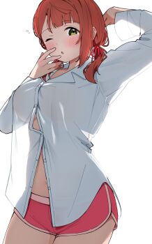 1girl ;o arm_up blunt_bangs blush breasts button_gap collared_shirt commentary_request cowboy_shot dolphin_shorts dress_shirt green_eyes hair_ribbon highres large_breasts liz_(piyoko_piyop) long_sleeves looking_at_viewer love_live! love_live!_nijigasaki_high_school_idol_club low_twintails medium_hair navel no_bra official_alternate_costume official_alternate_hairstyle one_eye_closed parted_lips partially_unbuttoned pink_hair pink_ribbon pink_shorts ribbon see-through_clothes see-through_shirt see-through_silhouette shirt short_shorts shorts simple_background solo squeans swept_bangs tokimeki_no_mirai_chizu twintails uehara_ayumu underboob white_background white_shirt