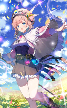 1girl :d ashima_(roro046) atelier_(series) atelier_resleriana atelier_rorona belt beret blue_eyes blue_sky brown_hair capelet cloud commentary_request copyright_notice day falling_petals feet_out_of_frame field flower flower_field glint hat highres holding holding_staff jacket lens_flare long_sleeves looking_at_viewer official_art open_mouth outdoors outstretched_arms petals pink_capelet pink_hat pink_jacket potion rorolina_frixell second-party_source short_hair sky smile solo spread_arms staff standing