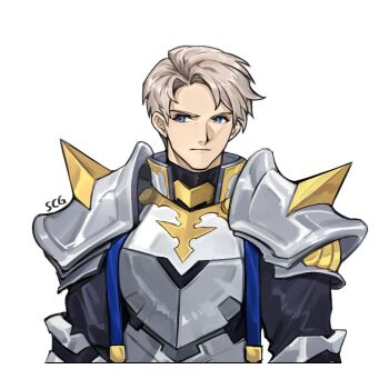 1boy aged_down armor black_shirt blue_eyes breastplate commentary fire_emblem fire_emblem_engage grey_hair looking_at_viewer male_focus nintendo shine shirt short_hair shoulder_armor silvercandy_gum solo upper_body vander_(fire_emblem)