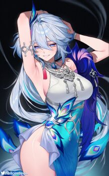 Rule 34 | 1girl, aqua skirt, arm up, armpits, bare shoulders, blue eyes, breasts, commentary request, covered navel, cowboy shot, grey hair, hair between eyes, hair intakes, hair ornament, helloimtea, highres, honkai: star rail, honkai (series), long hair, long skirt, looking to the side, medium breasts, multicolored hair, paid reward available, parted lips, shirt, side slit, skirt, sleeveless, sleeveless shirt, smile, solo, streaked hair, thighs, twitter username, very long hair, white shirt, yao guang (honkai: star rail)
