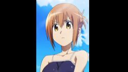 1girl air_bubble animated blowing_bubbles blue_one-piece_swimsuit bouncing_breasts breasts brown_eyes brown_hair bubble cleavage highres large_breasts nozomi_mori one-piece_swimsuit pool poolside school_swimsuit seitokai_yakuindomo swimming swimsuit tagme underwater video