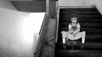 1girl animated animated_gif anus bar_censor blush bow bow_panties censored closed_eyes clothes_lift collarbone great_moje heavy_breathing lost_delusion_(utau) monochrome open_mouth panties panties_around_leg peeing pussy railing relief school_uniform shirt shoes short_hair short_sleeves skirt skirt_lift socks spread_legs spread_pussy squatting stairs steam underwear utau