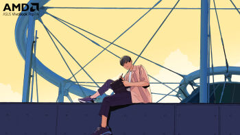 Rule 34 | 1boy, black hair, black pants, black shoes, cloud, cloudy sky, collared shirt, original, pants, pink shirt, shirt, shoes, short hair, short sleeves, sky, solo, tanaka hirotaka, white shirt, wide shot, yellow sky