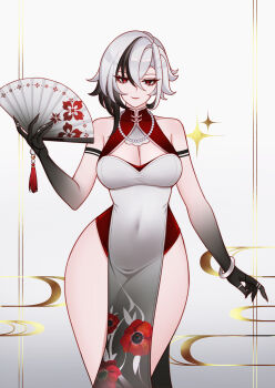 1girl absurdres alternate_costume arlecchino_(genshin_impact) bare_shoulders black_hands black_streaks bracelet breasts charlie_purrito cleavage cleavage_cutout closed_mouth clothing_cutout colored_extremities commentary covered_navel dress english_commentary folding_fan genshin_impact grey_eyes hair_between_eyes hand_fan hand_up highres holding holding_fan jewelry large_breasts looking_at_viewer multicolored_hair pelvic_curtain red_pupils sleeveless sleeveless_dress smile solo star_(symbol) streaked_hair symbol-shaped_pupils tassel white_background white_dress white_hair x-shaped_pupils