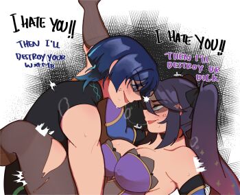 1boy 1girl absurdres anger_vein bare_shoulders between_legs black_bodysuit black_bow black_hair blue_sleeves blunt_ends blush bodystocking bodysuit bow boy_on_top breasts couple detached_sleeves english_text from_side genshin_impact gold_trim gradient_hair hair_between_eyes hair_bow hetero highres koviiy large_breasts leg_lift leg_lock leg_up leotard lightning_glare long_hair looking_at_another mona_(genshin_impact) multicolored_hair open_mouth pantyhose partially_shaded_face pink_hair purple_eyes purple_hair purple_leotard sanpaku scaramouche_(genshin_impact) sideways_mouth star_(symbol) star_print sweat torn_clothes torn_pantyhose tsundere twintails twitching wanderer_(genshin_impact)