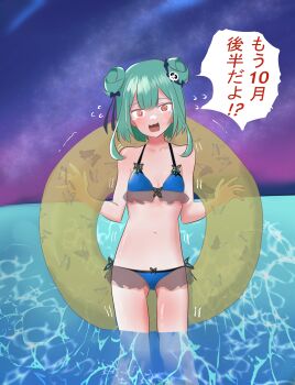 absurdres bikini blue_bikini bow commentary_request double_bun hair_bow hair_bun hair_ornament hair_ribbon highres hololive kuronagirai milky_way night ocean red_eyes ribbon short_hair star_(sky) swim_ring swimsuit uruha_rushia